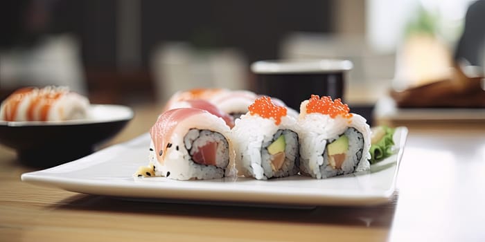 Sushi rolls on a plate in a kitchen or restaurant