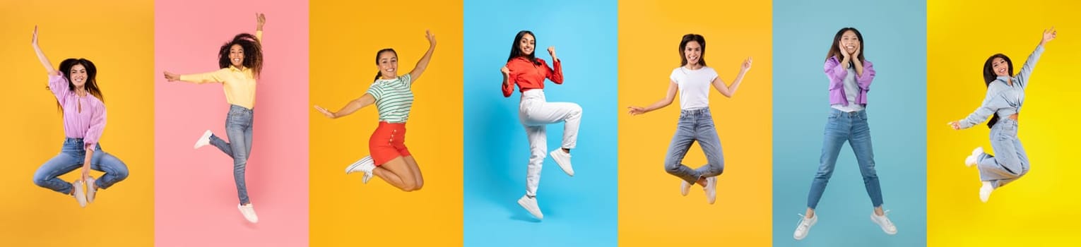 Great News. Collage of joyful multiethnic women jumping up on colorful backgrounds