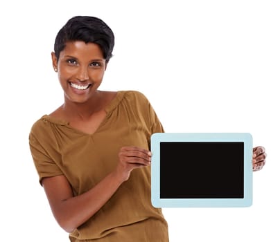 Studio, portrait and happy woman with tablet, screen for social media or networking subscription. Internet, smile and Indian girl with digital app for news, streaming or website on white background
