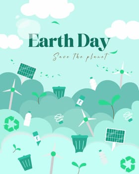 Earth Day banner, background with clouds and ecology icons in paper cut style for prints, flyers, covers, banners design. Eco concepts. Vector illustration