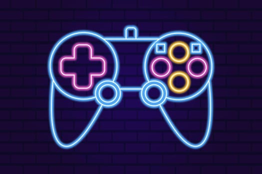Vector neon glow game controller gamepad icon. Colored outline joystick element flat style on night dark background. Gamer device collection