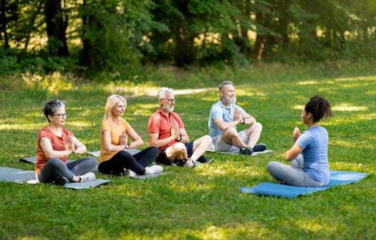 Group Of Active Senior People Practicing Yoga With Instructor Outdoors, Diverse Elderly Men And Women Sitting Together On Mats In Lotus Position, Meditating On Lawn In Park, Copy Space
