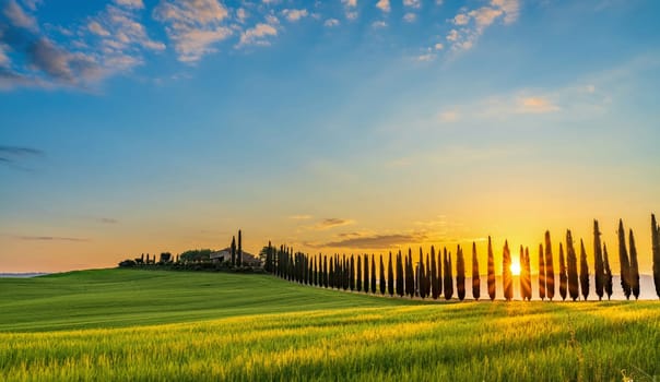Path to hill house through cypress trees and sunrise view of stunning rural landscape of Tuscany, Italy