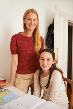 Study, portrait and mother help daughter with smile for child, growth and development with education. Parent, woman and mom with support for girl, book and map on table for geography homework.