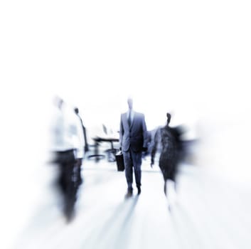 Workers, blur or business in morning, rush or commute as travel, walk to corporate, office or job. Businesspeople, hurry or crowd as busy, workforce or professionals on abstract white background