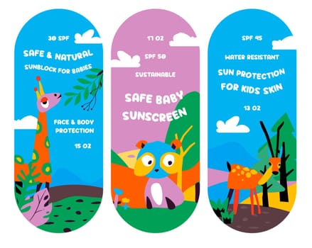 Sunblock ad for babies, vector illustration, with cute animal characters.