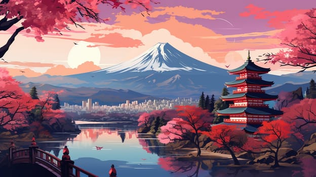 Mountain  and pagoda at sunset, vector illustration . Generate AI