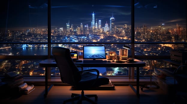 Modern office at night with city view. 3D rendering and illustration. Generate AI