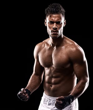 Sport, fitness and portrait of man with mockup for boxing, exercise and workout isolated in black background. Body builder, athlete and boxer in studio backdrop for wellness, training and health.