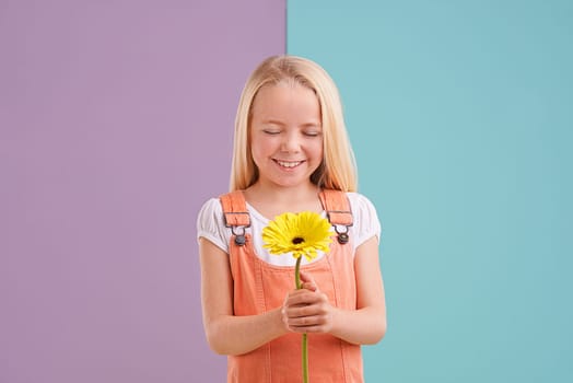 Style, flower and child with wish in studio with cute, trendy and casual dress for outfit. Sweet, smile and young girl kid with fashion and yellow floral plant for gift by color block background.
