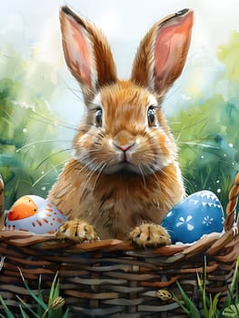 Rabbit in basket with Easter eggs, painted at event