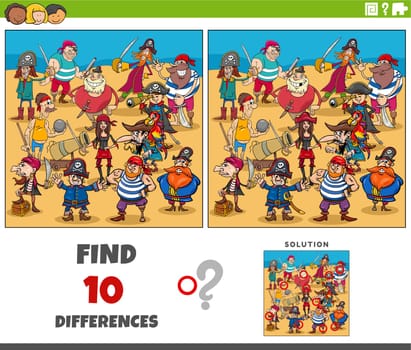 Cartoon illustration of finding the differences between pictures educational game with pirates characters group