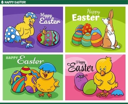 Cartoon illustration of Easter holiday greeting cards designs set with chicks and bunnies