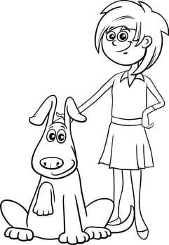 Cartoon illustration of teen girl with dog character coloring page