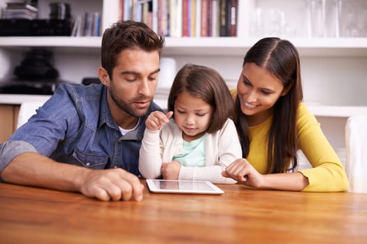 Man, woman and child at table with tablet for teaching, learning and support in education with love. Elearning, digital app and parents with girl for help in homeschool, growth and development online