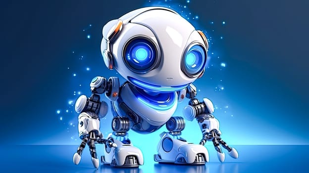 A robot with blue eyes and a white body stands on a blue background