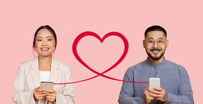 Two cheerful young adults are holding smartphones with a digitally added red heart
