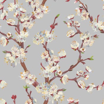 Botanical seamless pattern with sakura cherry branch drawn in gouache