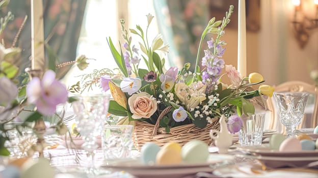 Easter table setting with painted eggs, spring flowers and crockery