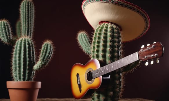 Guitar and cactus in a pot on a dark background
