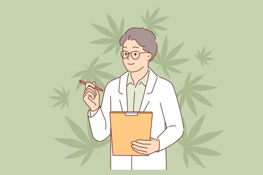 Cannabis legalization examined by man doctor in coat using clipboard for scientific experiments