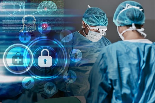 Overlay, hospital and healthcare insurance with surgeon team for medical service, icons or future at job. Holographic display, symbol and sign for policy, people or digital transformation in clinic.