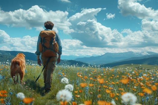 A man and his dog are walking through a field of yellow flowers