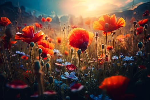A field of flowers with a single red flower in the middle. The flowers are in full bloom and the sun is shining brightly