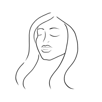 Woman face line art with long hair. Minimalistic design. Vector hand drawn beauty fashion illustration for logo, cosmetics or makeup and t-shirt prints.