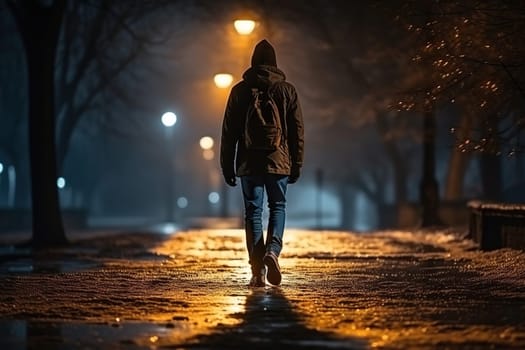Rear view of one man on a dark street.