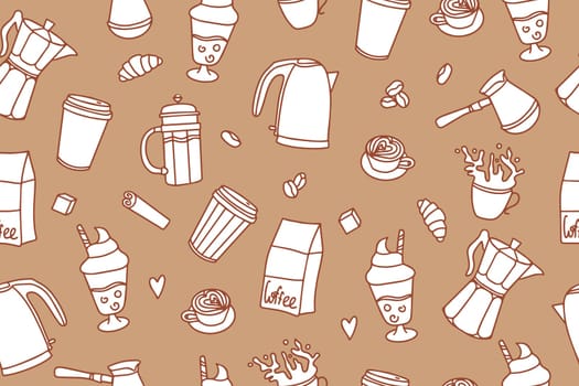 Seamless pattern of coffee time doodle. Teapots, cups, turk and sweets in doodle style. Vector illustration. Vector illustration