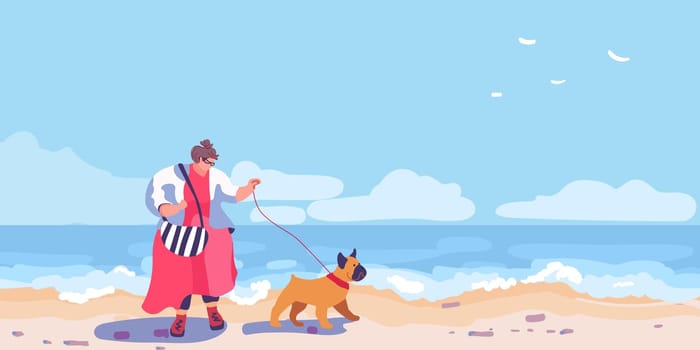 Fat woman in red with a bulldog are walking on the seashore. Beach scene on sea vacation resort.
