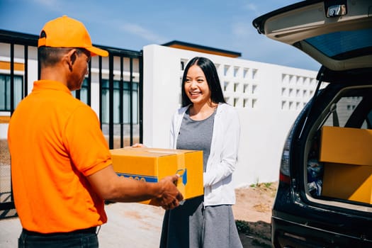 Customer satisfaction highlighted as a delivery service courier hands a cardboard parcel to a smiling woman at her house door. Illustrating efficient and modern home delivery service.