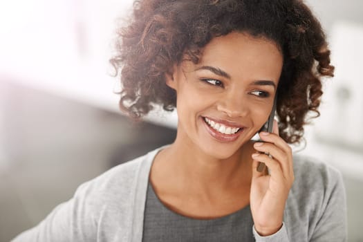 Black woman, satisfied and smartphone for phone call with conversation, communication and mobile in office. Closeup, female person and happy with work break for networking, discussion and connection.