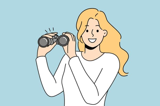 Woman with binoculars smiles and looks into camera, showing eagerness to learn new facts