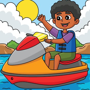 Boy Riding a Jet Ski Summer Colored Cartoon