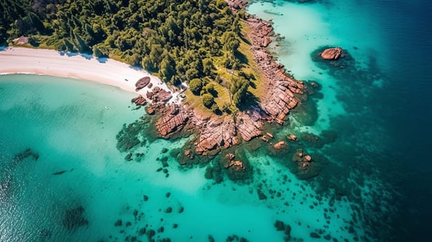 Aerial view of a secluded tropical beach, Island with rocky formations, palm trees and clear aquamarine waters.