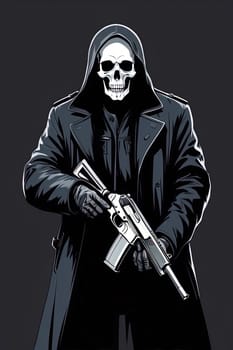 Vector illustration of man with skull mask in hood with gun in his hand. AI Generated.