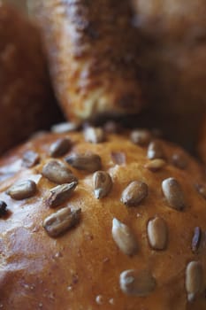 detail shot of sunflower seed baked bread on table