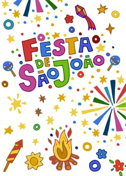 Artistic and colorful representation of the Sao Joao festival, with vivid fireworks and playful typography, suitable for event marketing.