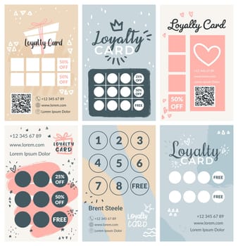 Vertical loyalty card set with hand drawn elements. Special discount offer at corporate card design collection, vector illustration. Store and service advertising, purchase sale promo