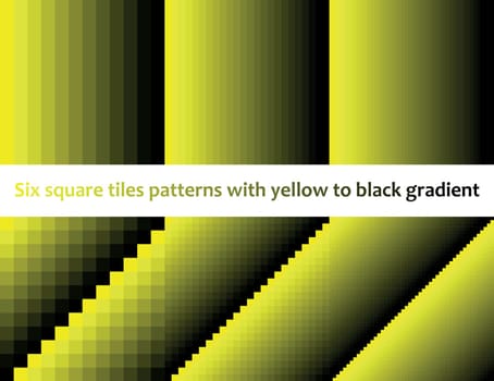 Yellow to black in square tiles, seamless vector pattern, monochromatic, collection of six