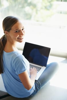 Woman, portrait and laptop for online university course, education and learning with research on internet. Information, lesson and elearning for college student, smile for scholarship and studying