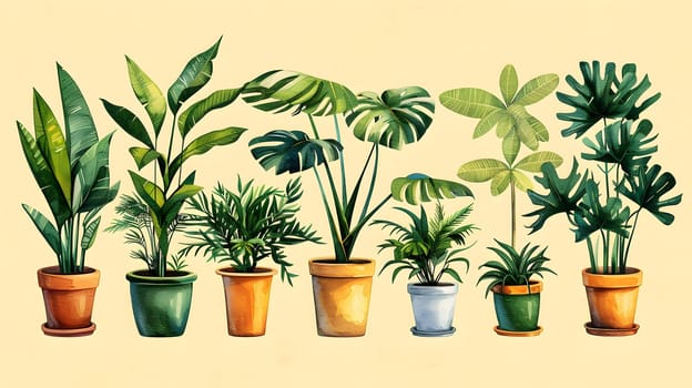 Various houseplants in flowerpots on a yellow background
