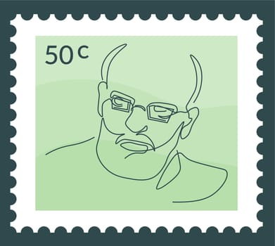 Postmark on postcard with price and portrait of famous person wearing glasses. Male character person. Postal mark or cart, stamp for letter communication and correspondence. Vector in flat style