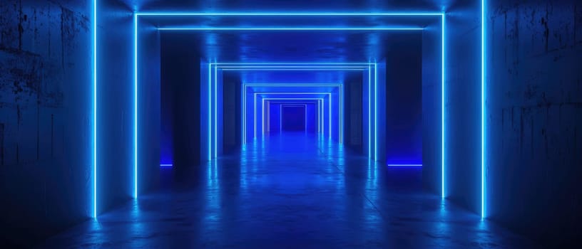 A long blue hallway with neon lights by AI generated image.