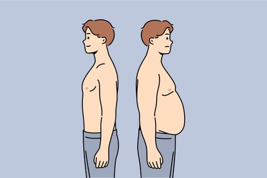 Thin and fat men stand side by side demonstrating changes in figures after eating fast food