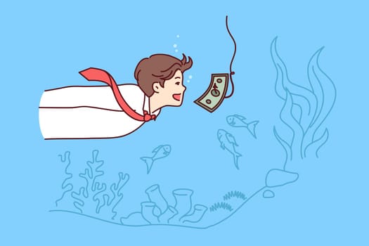 Money trap in front of business man swimming underwater with banknote on fishing rod hook