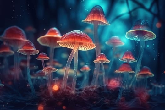 Neon illustration of magic mushrooms close-up glowing at night in mystical forest