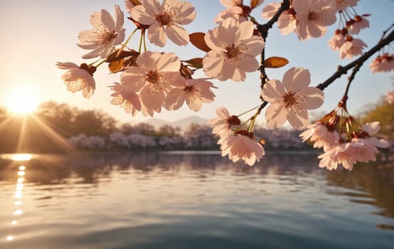 cherry blossom in spring on the lake. soft focus.